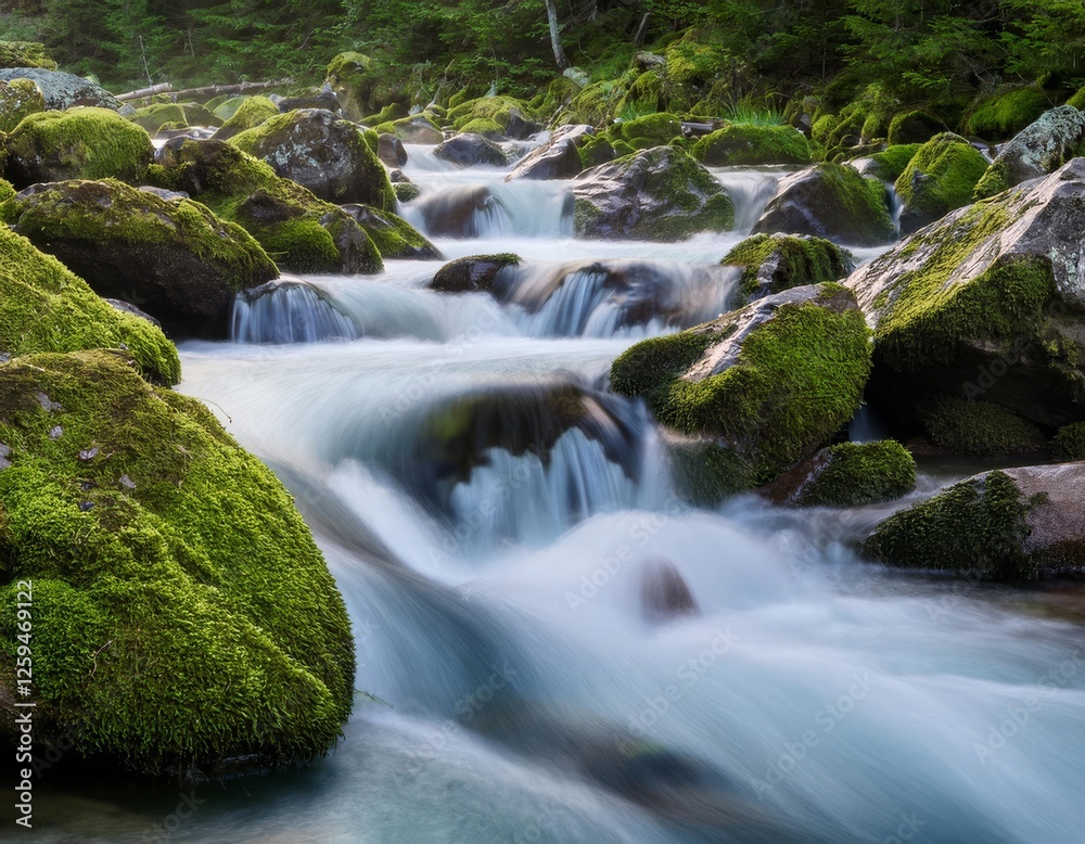 Fototapeta premium a fast flowing mountain stream with smooth, mossy rocks