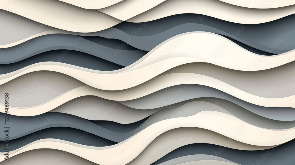 Obraz premium Layered abstract waves in shades of grey and cream create a smooth, flowing, three-dimensional pattern -ai