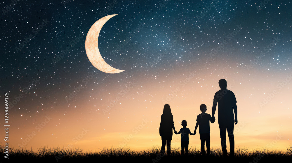 A silhouette of a family holding hands under a starry sky with a crescent moon, capturing a moment of love and togetherness. A silhouette of a family holding hands under a starry sky with a crescent moon, capturing a moment of love and togetherness.