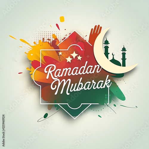Ramadan Mubarak calligraphy, colorful watercolor splashes, mosque silhouette, crescent moon and star, vibrant red and green hues, abstract background, festive Islamic greeting card design, 