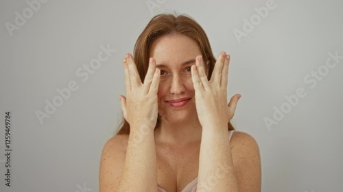 Woman covers face with hands in front of a white wall, smiling as hands open to reveal expressive face, highlighting beauty and playfulness.