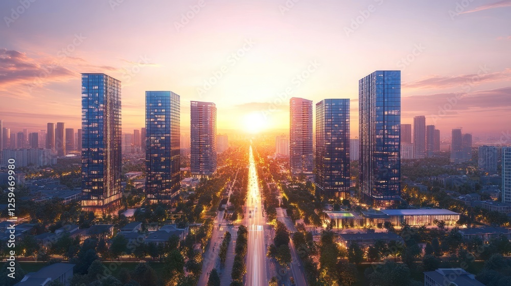 Fototapeta premium Sunrise over city avenue, skyscrapers, urban development