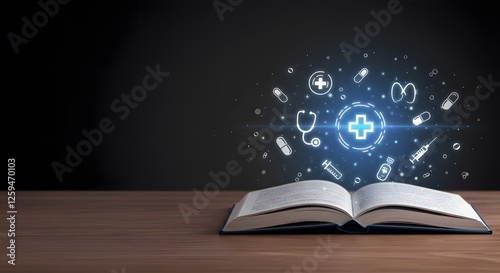 Open Medical Book with Floating Holographic Icons for National Doctors' Day Healthcare Innovation