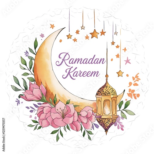 Ramadan Mubarak calligraphy, colorful watercolor splashes, mosque silhouette, crescent moon and star, vibrant red and green hues, abstract background, festive Islamic greeting card design, 
