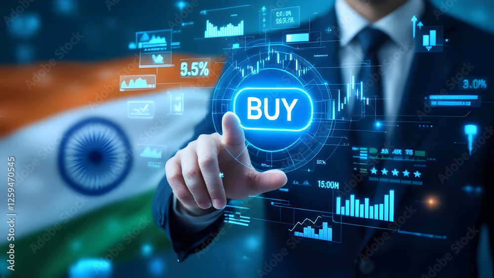 Businessman touching data analytics process system with KPI financial charts, dashboard of stock and marketing on virtual interface. With India flag in background. Businessman touching data analytics process system with KPI financial charts, dashboard of stock and marketing on virtual interface. With India flag in background.