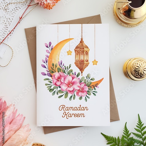 Ramadan Mubarak calligraphy, colorful watercolor splashes, mosque silhouette, crescent moon and star, vibrant red and green hues, abstract background, festive Islamic greeting card design, 