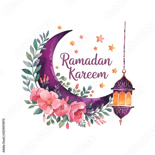 Ramadan Mubarak calligraphy, colorful watercolor splashes, mosque silhouette, crescent moon and star, vibrant red and green hues, abstract background, festive Islamic greeting card design, Ramadan Mub