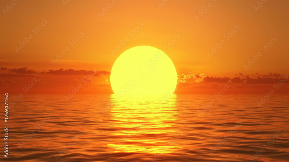 Golden sunlight illuminates a calm ocean as a large, bright sun sets or rises on the horizon -ai Golden sunlight illuminates a calm ocean as a large, bright sun sets or rises on the horizon -ai