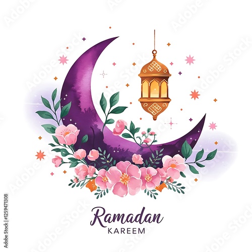 Ramadan Mubarak calligraphy, colorful watercolor splashes, mosque silhouette, crescent moon and star, vibrant red and green hues, abstract background, festive Islamic greeting card design, 