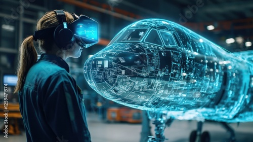 Female engineer using VR headset to examine aircraft design.