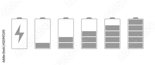 Set of six steps to charge battery from charging to full capacity. Vector Illustration.