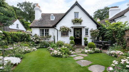 Quaint cottage garden, charming exterior, peaceful scene, perfect for brochure, postcard or home decor