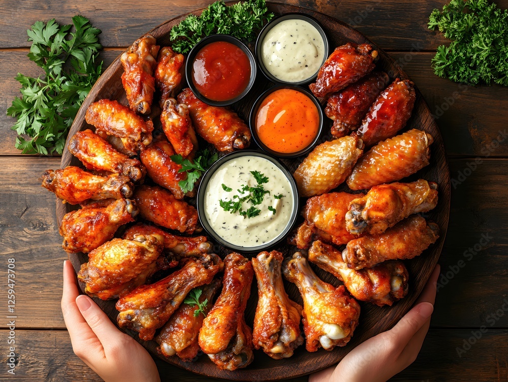 Delicious Chicken Wings with Assorted Sauces Presented on a Wooden Platter Held by Hand Delicious Chicken Wings with Assorted Sauces Presented on a Wooden Platter Held by Hand