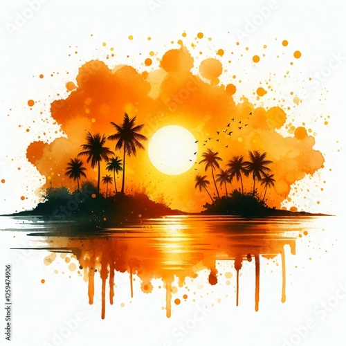 Tropical Sunset Watercolor Painting Palm Trees Island Paradise Scene photo