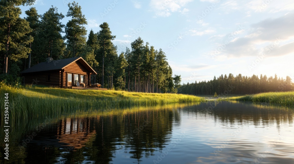 A serene cabin by a tranquil lake, surrounded by lush greenery and tall trees under a bright sky, reflecting nature A serene cabin by a tranquil lake, surrounded by lush greenery and tall trees under a bright sky, reflecting nature