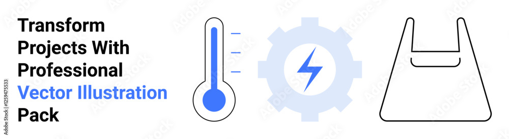 Thermometer, gear with lightning icon, and bag outline emphasizing energy, temperature, and eco-friendly concepts. Ideal for environment, technology, innovation, energy sustainability climate flat Thermometer, gear with lightning icon, and bag outline emphasizing energy, temperature, and eco-friendly concepts. Ideal for environment, technology, innovation, energy sustainability climate flat