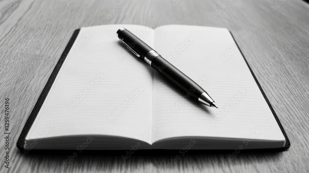 Open Notebook with Black Pen on Wooden Desk Blank Pages Writing Concept Open Notebook with Black Pen on Wooden Desk Blank Pages Writing Concept