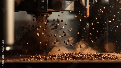 A close-up of a coffee bean roaster in action with beans tumbling photo