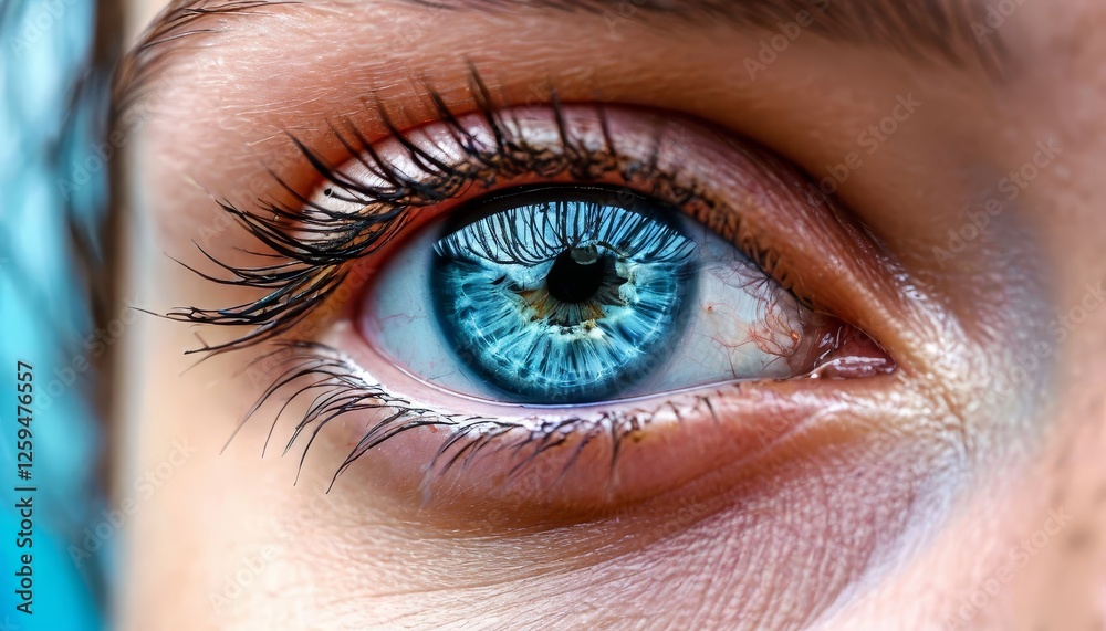 Fototapeta premium Close up blue eye with iris mirroring intricate digital circuit pattern, representing technological innovation and human machine convergence