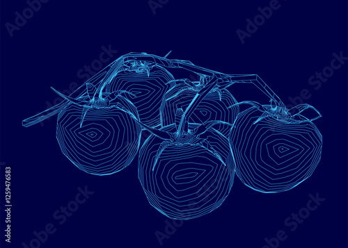 A blue drawing of four tomatoes. The drawing is of a close up of the tomatoes, with the stems visible