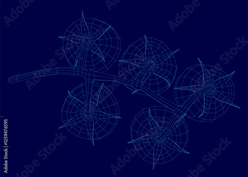 A blue drawing of four tomatoes. The drawing is of a close up of the tomatoes, with the stems visible. Top view