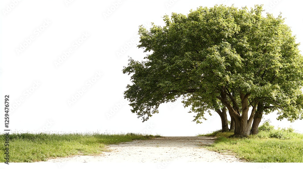 Obraz premium A lush green tree stands beside a gravel path, surrounded by soft grass, creating a peaceful natural setting on a white isolated background.