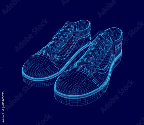 A pair of shoes are shown in a blue color scheme. The shoes are stylized and appear to be in a 3D format. The shoes are positioned in a way that they are almost overlapping each other