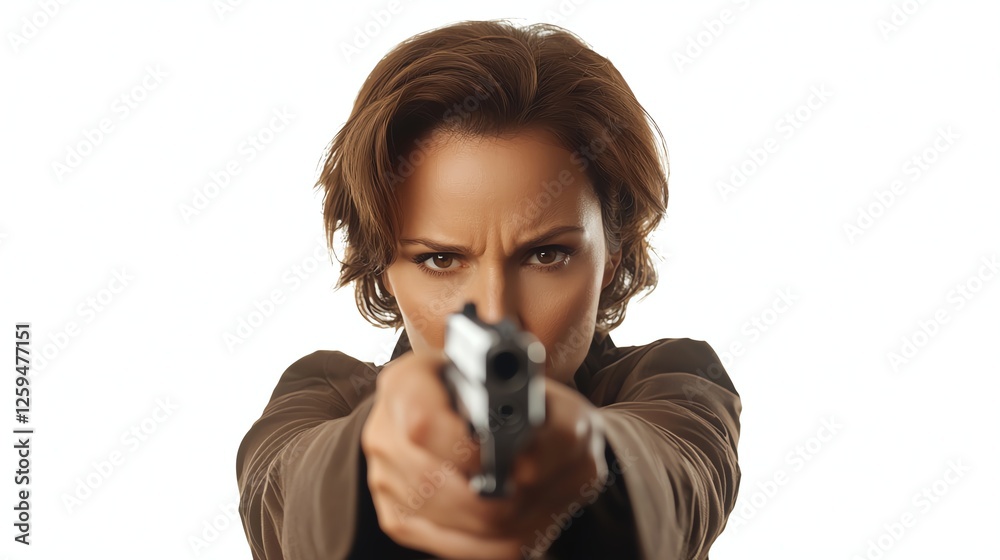 Intense woman aiming a firearm, showcasing determination and strength against a white isolated background. Intense woman aiming a firearm, showcasing determination and strength against a white isolated background.