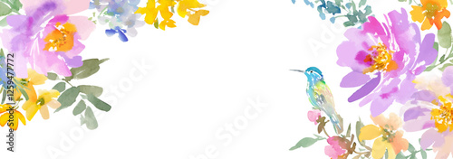 A spring banner illustration featuring abstract peonies and hummingbirds painted in watercolor with transparent background. A hand-painted vector design for a spring floral background.