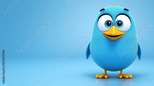 3D Rendered Blue Fluffy Bird on Light Blue Background
