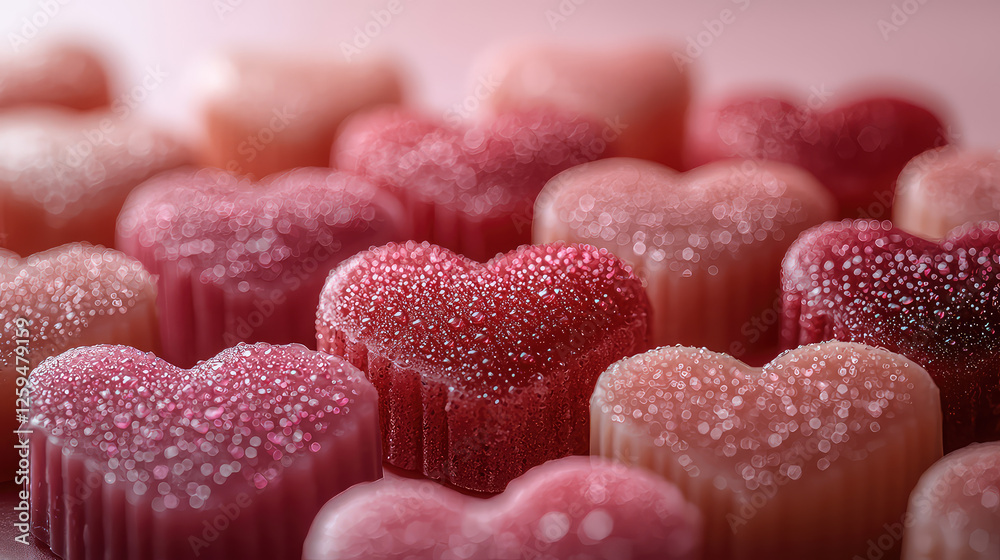 Close-up of numerous heart-shaped candies in varying shades of pink, adorned with sparkling sugar crystals. Close-up of numerous heart-shaped candies in varying shades of pink, adorned with sparkling sugar crystals.
