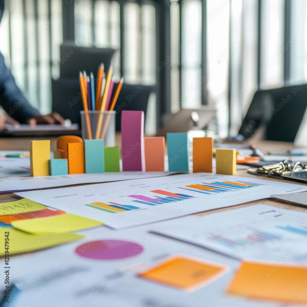 A collaborative session with sticky notes and demographic data charts. A collaborative session with sticky notes and demographic data charts.