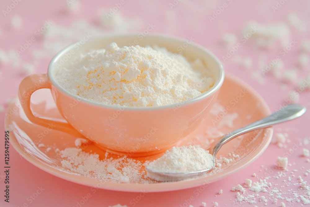 Powdered sugar in a pink teacup and saucer. Perfect for baking, desserts, or food blogs. Powdered sugar in a pink teacup and saucer. Perfect for baking, desserts, or food blogs.