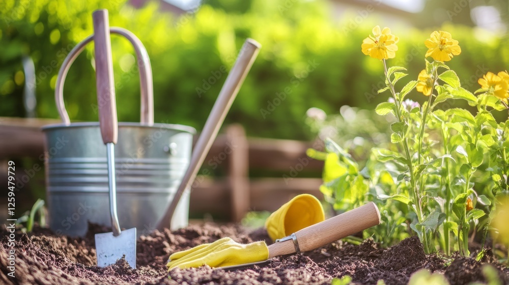 Neatly arranged gardening tools on a clean garden bed, emphasizing cultivation and readiness. Ideal for gardening and outdoor content. Neatly arranged gardening tools on a clean garden bed, emphasizing cultivation and readiness. Ideal for gardening and outdoor content.