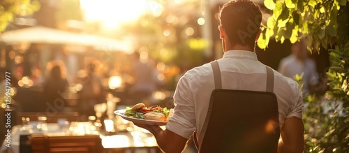 Waiter Serving Food at Outdoor Restaurant during Golden Hour