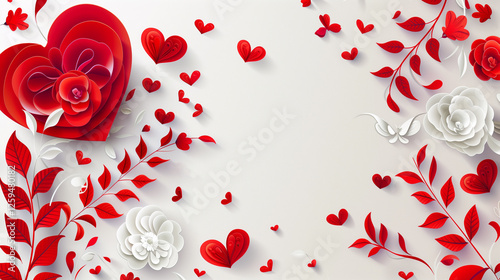  Happy valentine's day background with paper cut red hearts and flowers design