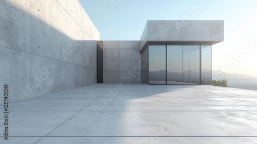 3D rendering of a modern house with a concrete facade, minimalist architectural design. Modern contemporary home exterior. Architectural building design. A minimalist square block structure with glass