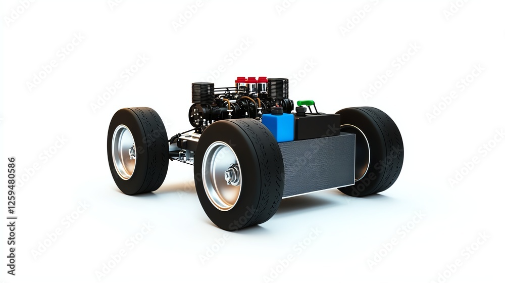 A detailed view of a modern electric vehicle chassis on a white isolated background, showcasing advanced engineering and innovative design. A detailed view of a modern electric vehicle chassis on a white isolated background, showcasing advanced engineering and innovative design.