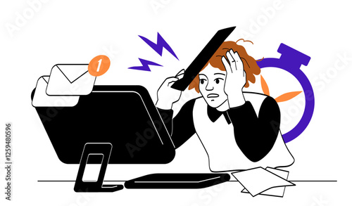 Overwhelmed worker stressed with emails and deadlines. 