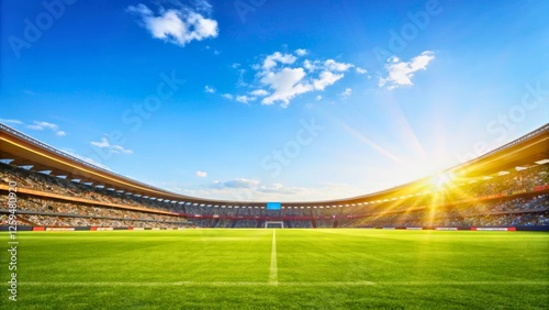 Bright Sunny Day at Vibrant Sports Stadium with Green Grass and Clear Blue Sky