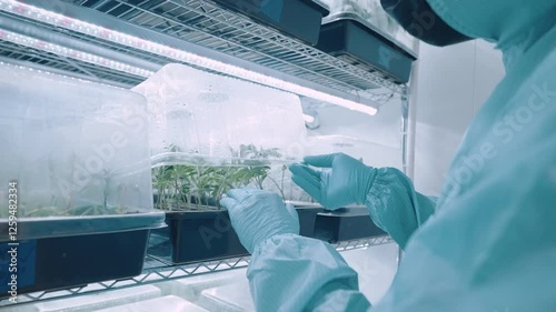 Laboratory workers checking on cultivating container for small sprout plant quality check, growing plant inside indoor humidity control room, science laboratory work research, cannabis sprouting stage