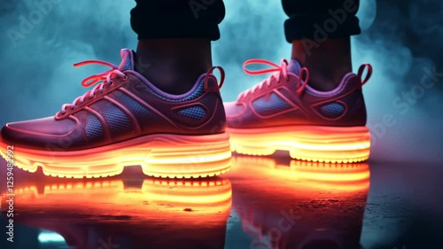 Glowing sneakers in a misty atmosphere, showcasing vibrant colors and dynamic style