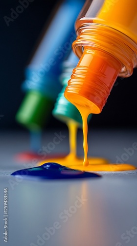 Vibrant paint pours onto grey surface, studio backdrop