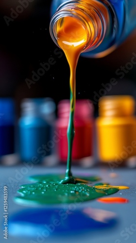 Orange paint pours, vibrant colors spill, art studio background, creative process
