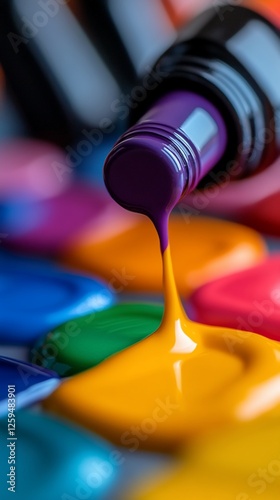 Purple paint drips onto colorful palette