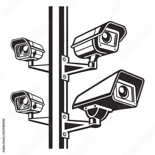 Four security CCTV TV camera devices vector art silhouette design 
