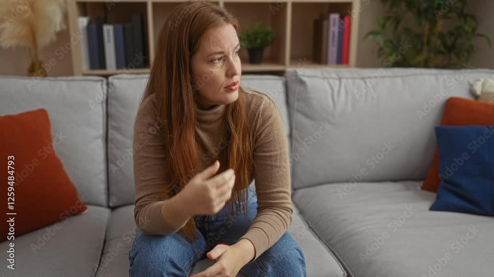 Woman sitting on a comfortable sofa in a modern living room, feeling pensive, with bookshelves and plants in the background, creating a cozy and thoughtful indoor atmosphere. Woman sitting on a comfortable sofa in a modern living room, feeling pensive, with bookshelves and plants in the background, creating a cozy and thoughtful indoor atmosphere.