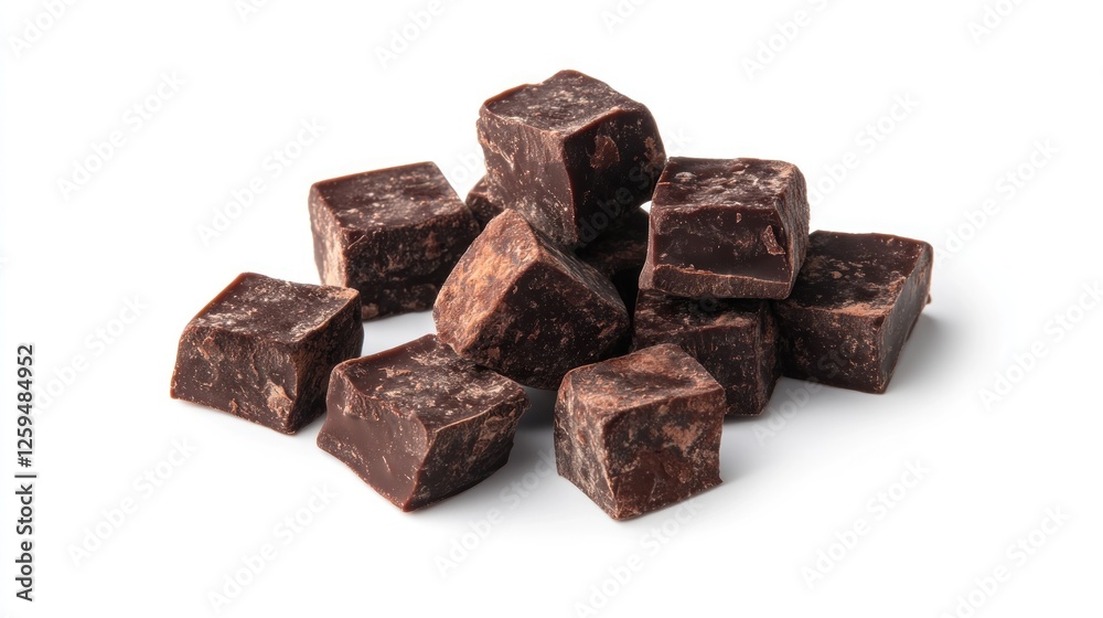 Dark chocolate chunks, isolated, white background, food photography, recipe ingredient Dark chocolate chunks, isolated, white background, food photography, recipe ingredient