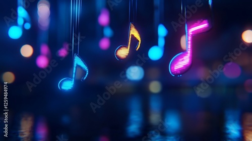 Neon musical notes hang over city, night