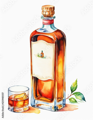Whiskey bottle and glass on white background, watercolor painting style, generative AI.